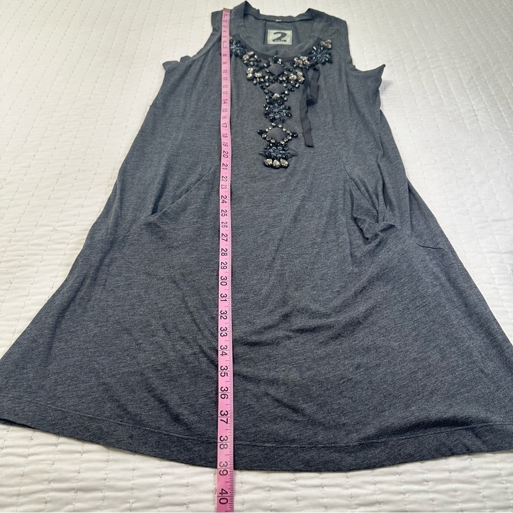 Gray Sleeveless Beaded Mini Dress with 2 Front Pockets - Picture 3 of 12